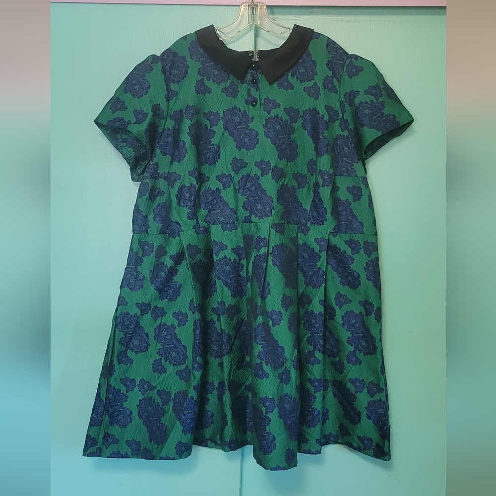 Modcloth Green And Blue Floral Brocade Dress